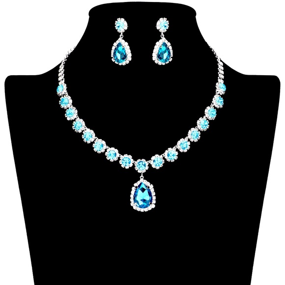 Floral Rhinestone Pave Glass Teardrop Statement Necklace - Picture 1 of 2